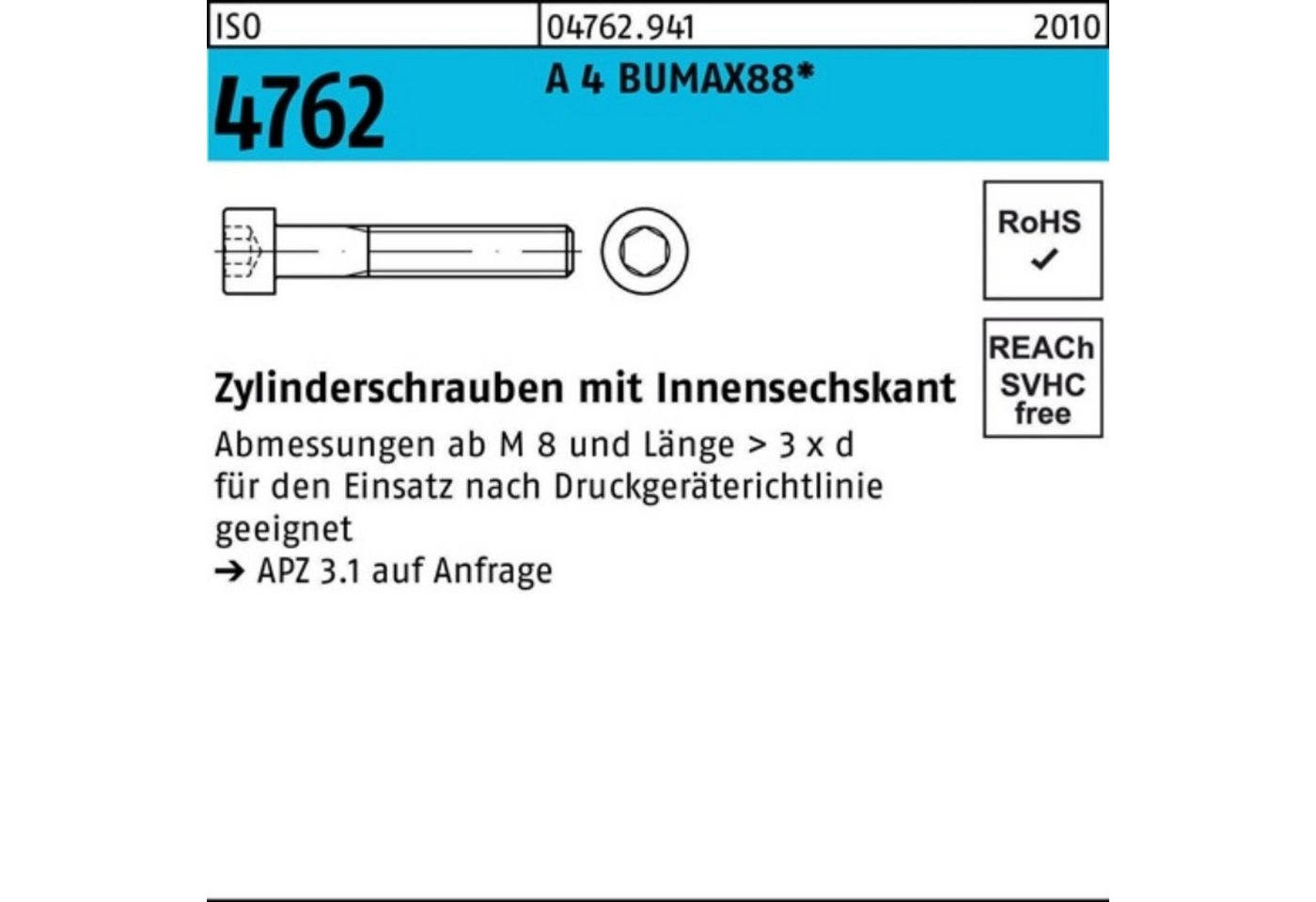 Bufab Zylinderschraube 100er Pack Zylinderschraube ISO 4762 Innen-6kt M8x 40 A 4 BUMAX88 50 S von Bufab