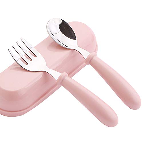 Gabel- und Löffel-Set, Kleinkind-Besteck, Baby-Utensilien, Löffel, Gabeln zum Füttern von Babys, Edelstahl-Geschirr, Kindergeschirr-Set mit Stroage-Etui, tragbares Besteck (Rosa) von SOOJET