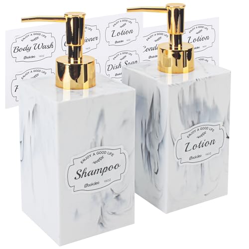 SOOKDEO Luxuriöses Marmor Finish Flaschen Spender - 500ml, 2er Set mit Gold Pumpen & wasserdichte Etiketten - Perfekt für Arbeitsplatte, Dusche, und Bad Lagerung von Shampoo, Seife, Lotion - Weiß von SOOKDEO