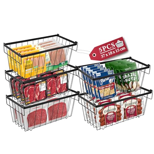 SOONHUA 5 Pack Gefrierschrank Organizer Behälter, Stapelbar Truhe Gefriertruhe Körbe mit Griffen Sortieren gefrorenen Lebensmitteln, Sparen Platz, Schwarz von SOONHUA