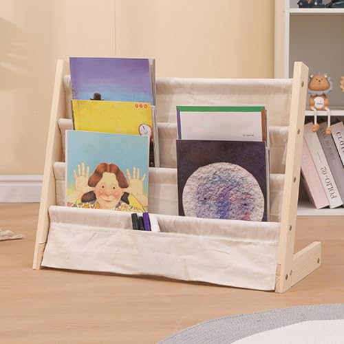 SOONHUA Bücherregal für Kinder, Kinderregal mit 4 offenen Fächer, Hängefächerregal aus Holz und Segeltuch, Standregal, Buch- Magazin- Organizer von SOONHUA