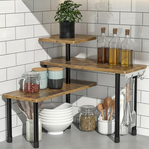 SOONHUA Eckregal Küche, Küchen Arbeitsplatten Organizer, 3 Etagen Gewürzregal mit 4 seitlichen Haken, verstellbare Ausrichtung, Platzsparend, Küchenregal Arbeitsplatte für Küche und Kaffeebereich von SOONHUA