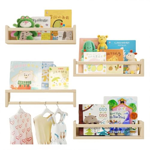 SOONHUA Kinderzimmer Bücherregal, Set aus 4 Holz Wandregal Bücher Schweberegale, Wandpräsentationsregal zur Organisation von Büchern und Spielzeug von SOONHUA