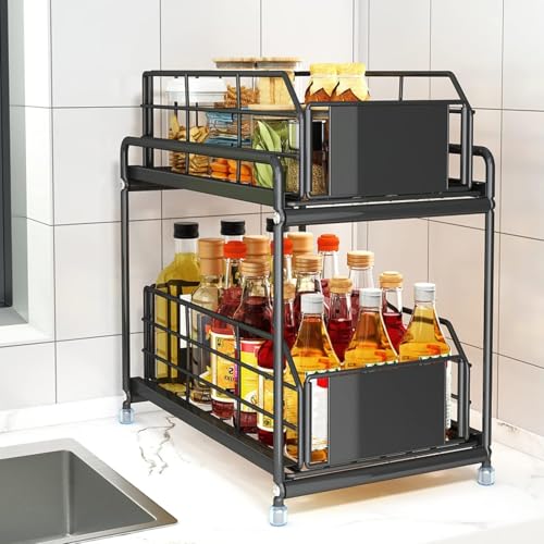 SOONHUA Spülschrank Organizer,Unter Waschbecken Regal für Spülenunterschrank,2 Etagen küchenregal Arbeitsplatte Metall Unterspüle mit Schiebeschubladen, Schrank Organizer Küche von SOONHUA