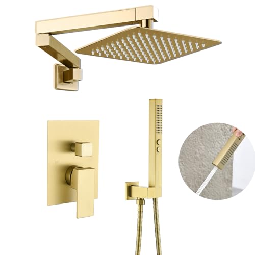 Duschsystem aus gebürstetem Gold mit Regenduschköpfen mit Handbrause-Kombination, goldenes Duscharmatur-Set mit Regendusche und Handbrause, goldener Duschkopf und Griff-Set (Duschventil-Set im Duschsystem aus gebürstetem Gold mit Regenduschköpfen mit Handbrause-Kombination, goldenes Duscharmatur-Set mit Regendusche und Handbrause, goldener Duschkopf und Griff-Set (Duschventil-Set im von SOOOHOT
