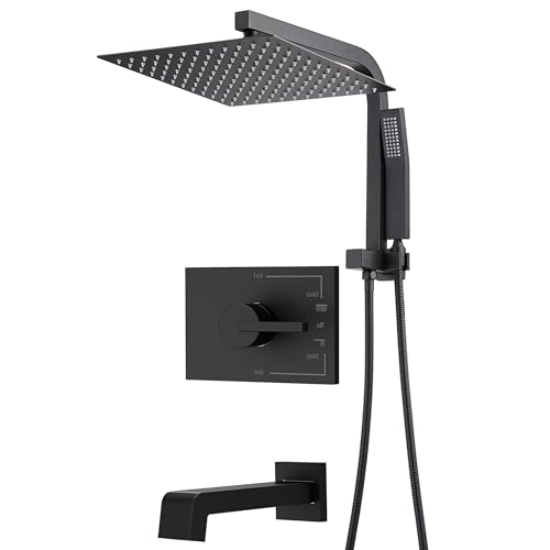 SOOOHOT Schwarzes Duschkopf- und Griff-Set, schwarzes Duscharmatur-Set mit 30,5 cm Duschköpfen mit Handbrause und Wannenauslauf, Duschsysteme mit Regendusche und Handbrause (Ventil im Lieferumfang von SOOOHOT