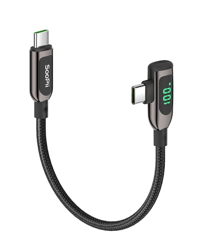 SooPii 100 W rechtwinkliges USB C auf USB C Kabel mit LED-Anzeige, 0,3 m, geflochtenes USB C PD Ladekabel aus Zinklegierung und Nylon für lPhone 15, lPad Pro, MacBook Pro, Galaxy S23 von SooPii