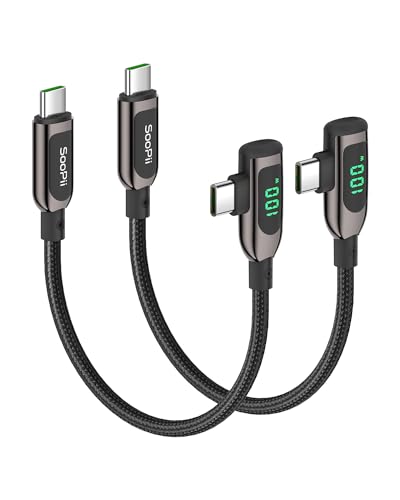 SooPii 100 W rechtwinkliges USB C auf USB C Kabel mit LED-Anzeige, 2 Stück, 0,3 m, geflochtenes USB C PD Ladekabel aus Zinklegierung und Nylon für lPhone 15, lPad Pro, MacBook Pro, Galaxy S23 von SooPii