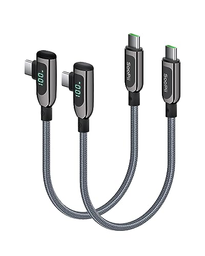 SooPii 100W rechtwinkliges USB-C-auf-USB-C-Kabel,geflochtenes Typ-C-Kabel aus Zinklegierung mit LED-Anzeige für lphone 15, iPad Air/Pro,MacBook Pro,Samsung S23/S22/S10,Pixel,LG(0,3m Grau 2Pack) von SooPii