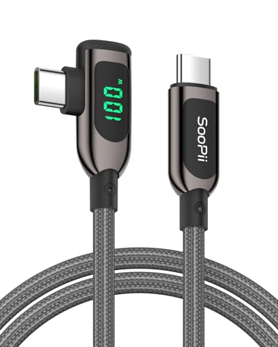 SooPii 100W rechtwinkliges USB C auf USB C Kabel mit LED Anzeige, 1,2 m langes geflochtenes USB C PD Ladekabel aus Zinklegierung und Nylon für lPhone 15, lPad Pro, MacBook Pro, Galaxy S23 von SooPii