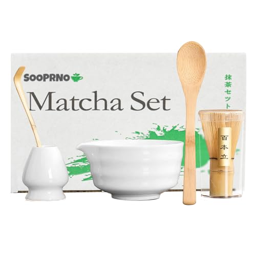 SOOPRNO 5-teiliges Matcha-Besen-Set mit Keramikschale, Bambusbesen, Löffel und Besenhalter | Wiederverwendbares & Premium Matcha-Set für Teeliebhaber | marmorierte Matcha-Schale - 500 ml（Weiß） von SOOPRNO