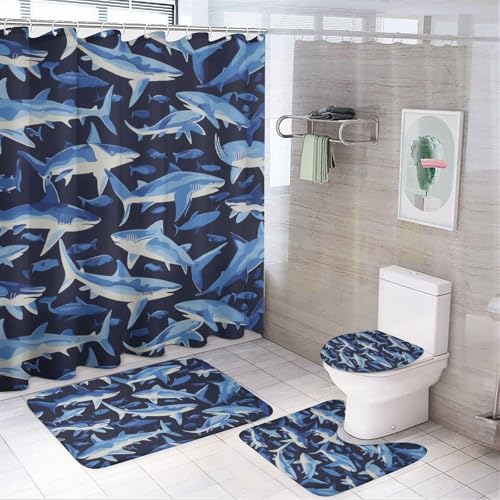 SOPIYRIO Badehai-Duschvorhang-Set mit WC-Deckelbezug und Teppichen, modernes Meerestier-Muster, Badezimmer-Dekor-Set mit Teppich, U-förmige Matte, wasserdichter Duschvorhang mit 12 Haken, 4 Stück SOPIYRIO Badehai-Duschvorhang-Set mit WC-Deckelbezug und Teppichen, modernes Meerestier-Muster, Badezimmer-Dekor-Set mit Teppich, U-förmige Matte, wasserdichter Duschvorhang mit 12 Haken, 4 Stück von SOPIYRIO