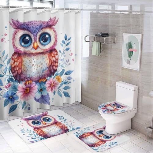 SOPIYRIO Bunte lustige Eule Duschvorhang-Sets mit WC-Deckelbezug und Teppichen, modernes Blumen-Cartoon-Tier-Badezimmer-Dekor-Set mit Teppich, U-förmige Matte, wasserdichter Duschvorhang mit 12 Haken SOPIYRIO Bunte lustige Eule Duschvorhang-Sets mit WC-Deckelbezug und Teppichen, modernes Blumen-Cartoon-Tier-Badezimmer-Dekor-Set mit Teppich, U-förmige Matte, wasserdichter Duschvorhang mit 12 Haken von SOPIYRIO