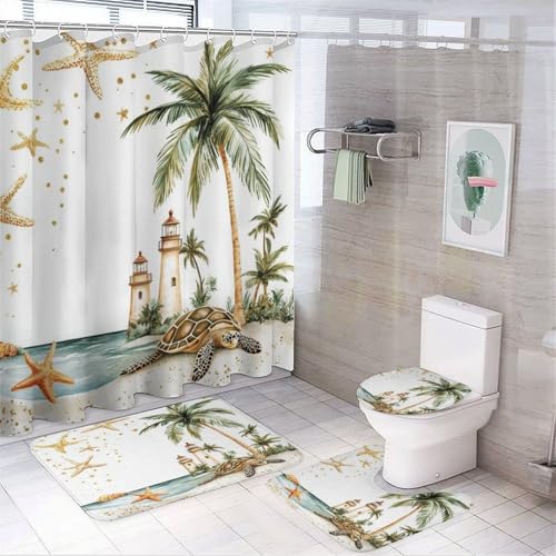 SOPIYRIO Coastal Leuchtturm-Duschvorhang-Set mit WC-Deckelbezug und Teppichen, Strandpalmen, Seestern, Badezimmer-Dekor-Set mit Teppich, U-förmige Matte, wasserdichter Duschvorhang mit 12 Haken, 4 SOPIYRIO Coastal Leuchtturm-Duschvorhang-Set mit WC-Deckelbezug und Teppichen, Strandpalmen, Seestern, Badezimmer-Dekor-Set mit Teppich, U-förmige Matte, wasserdichter Duschvorhang mit 12 Haken, 4 von SOPIYRIO