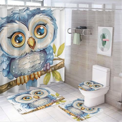 SOPIYRIO Duschvorhang-Set mit WC-Deckelbezug und Teppichen, abstraktes Cartoon-Design, niedliches Tier, Vogel, Badezimmer-Dekor-Set mit Teppich, U-förmige Matte, wasserdichter Duschvorhang mit 12 von SOPIYRIO
