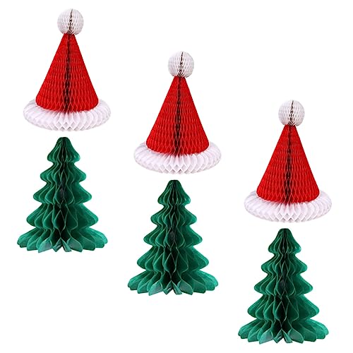 SOPOTUTU 6 Stück Teiliges Weihnachtsparty Deko mit Honeycomb Papier Weihnachtsbäumen und Weihnachtsmützen Hängende Festtagsanhänger für Fenster Tür Wand und DIY Layout von SOPOTUTU