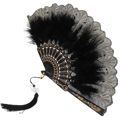 SOPOTUTU Vintage Stil Feder-handfächer mit Stickerei Faltbarer Dekorativer Fächer für Hochzeit Tanzparty und Kostüm Eleganter Schwarzer Plume Fächer für Damen von SOPOTUTU