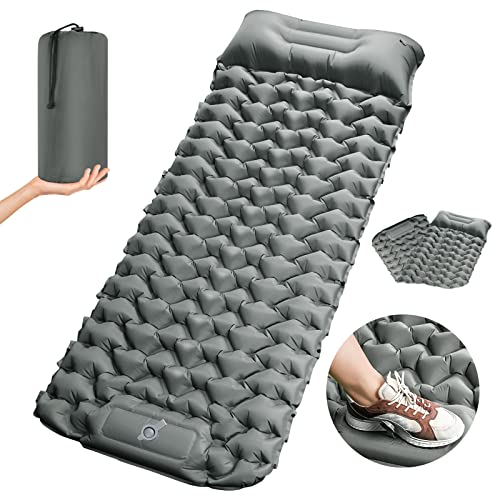 SOPPY Camping isomatte, aufblasbare Isomatte mit Fußpresse, Aufblasbare Luftmatratze Campingmatratze mit Kissen Ultraleichte Schlafmatte für Rucksackreisen Wandern Strand Zelt, 200 * 70 * 10cm (Grau) von SOPPY
