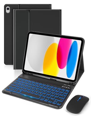 SOPPY Tastaturhülle mit Maus für iPad A16 11 Gen. 2025(A3354/A3355/A3356), 10,9 Zoll iPad 10 Gen. 2022(A2696/A2757/A2777), kabellose Bluetooth Tastatur Hülle Deutsches QWERTZ, Schwarz Beleuchtet von SOPPY