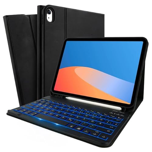SOPPY Hülle mit Tastatur für iPad A16 11 Gen. 2025(A3354/A3355/A3356), 10,9 Zoll iPad 10 Gen. 2022(A2696/A2757/A2777), kabellose Tastaturhülle Tastaturabdeckung - Deutsches QWERTZ, Schwarz Beleuchtet von SOPPY