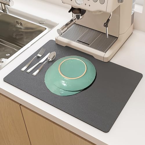 SOQKEEN Abtropfmatte Geschirr, 50 x 30 cm Kaffeemaschine Unterlage Saugfähige Abtropfmatte mit Schmutzabweisender Gummisohle Geschirr Abtropfmatte Spüle für die Küche, Kaffeemaschine (Dunkelgrau) von SOQKEEN