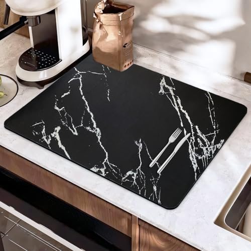 SOQKEEN Abtropfmatte Geschirr, 60 x 40 cm Unterlage Kaffeemaschine Abtropfmatte Schwarz mit Schmutzabweisender Gummisohle, Self Drying Mat, Abtropfmatte Spüle, Kaffeematte, Dish Drying Mat, Barmatte von SOQKEEN