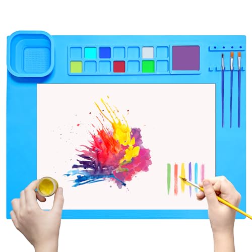 SOQKEEN Silikon Malmatte, Unterlage Bastelmatte Silikon Zusammenklappbar, Antihafte rutschfeste Tischmatte für Crafting Aquarell Malerei Schneiden Kunst Schöpfung Ton und DIY-Projekte (Blau) von SOQKEEN