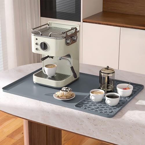 SOQKEEN Silikonmatte Kaffeemaschine, 60x40 cm Große Hitzebeständige, rutschfeste Silikonmatte, Matte Kaffeemaschine mit 40x19.5 cm Abnehmbarer Geschirr Abtropfmatte Kaffee Zubehör Grau von SOQKEEN