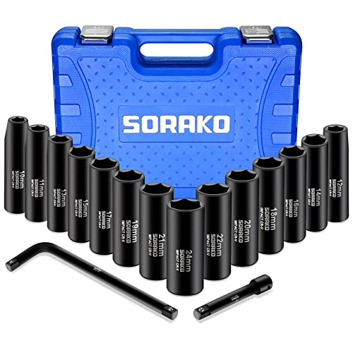 SORAKO 16tlg Schlagschrauber Nüsse Set 1/2 Zoll 10-24mm Schlagschraubereinsatz-Satz, Steckschlüssel-Satz mit L-Griff Verlängerungsstange für Autos (Schwarz 1) von SORAKO