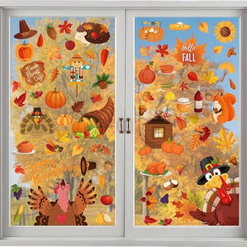 Thanksgiving Fenster Aufkleber, Herbstblatt Deko Aufkleber, Thanksgiving Herbstdeko Fenster Aufkleber, Ahornblätter Kürbis Kleintiere Fensterdeko Herbst 9 Stück (109 Pcs) von SORAYUXI