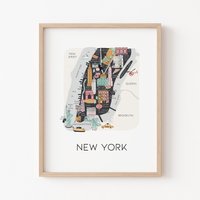 New York City Illustrierter Stadtplan Kunstdruck/Stadt Karte Reise Illustrierte Nyc Wandkunst von SORAandCompany