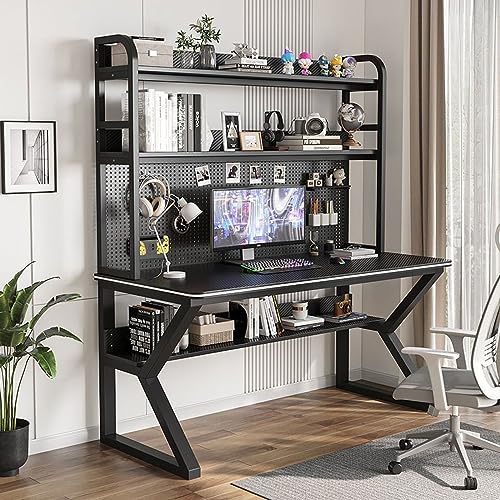 SORVA Computertisch mit Bücherregal und Stecktafel, Home-Office-Schreibtisch, moderner Studentenschreibtisch, PC-Gaming-Schreibtisch, Arbeitstisch für platzsparendes Arbeiten (47 Zoll, schwarz) von SORVA