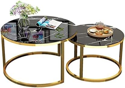 SORVA Couchtische, 2er-Set, rundes Couchtisch-Set, schwarzer Beistelltisch mit Tischplatte in Marmoroptik und Metallrahmen, Sofa-Beistelltisch aus Glas, Snack-Tisch, Eck-Teetisch für Wohnzimmer (G von SORVA