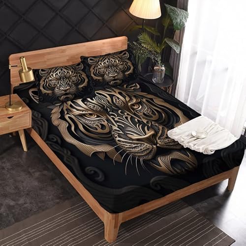 SOSICO Tiger Spannbettlaken 180x200cm, Tier Bedrucktes Bettlaken Set, Muster, Extra Weiche Microfaser Boxspringbett Bettlaken-Set 3-Teilig, 1 Spannbetttuch - 2 Kissenbezug von SOSICO