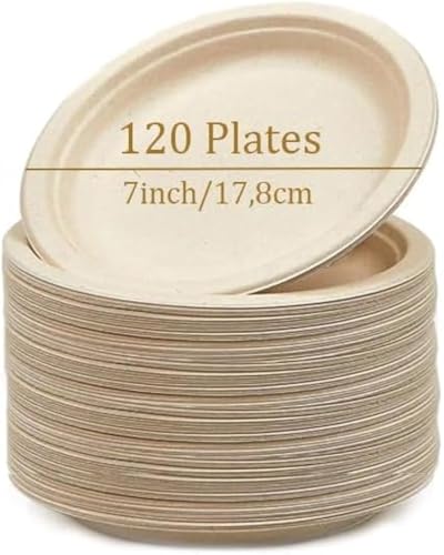 SOSINYA Pappteller Zuckerrohrfaser Geschirr 120Stück 7'' natürlichen Zuckerrohrfasern Kompostierbare Teller Partygeschirr umweltfreundlich abbaubar Pappe Biologisch recycelbar Bagasse Teller von SOSINYA