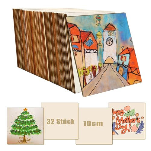 SOSMAR 32 Stück Holzscheiben 10cm Quadratische Holzplatten zum Basteln, Untersetzer Holz Sperrholzplatte für Brandmalerei, Laubsägen, Malen, Beschriften (Quadratisch/10cm x 2mm) von SOSMAR