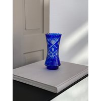 17 cm Vintage Glasvase Kobaltblau/Bleikristall Blau Handgeschliffenes Glas Eyecatcher Kobalt 60S Mid Century Stern Motiv von SOSOSCHOEN