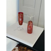 2 Pcs Set/Vintage Sektglas Rubinrot Handgeschliffen Champagner Glas Hinreißend Geschliffenes Blumenmotiv Rubin Kristall von SOSOSCHOEN