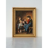 48 X 38 cm/Ölgemälde Familie 1940 - 1950 Motiv Holzrahmen Gold Signiert Acryl Painting Oil Vintage von SOSOSCHOEN
