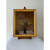Antikes Gemälde Auf Leinwand Blumenstrauß Öl/Acryl 1923 Motiv Blumen Signiert Holzrahmen Gold Oil Painting Handpainted Flower von SOSOSCHOEN