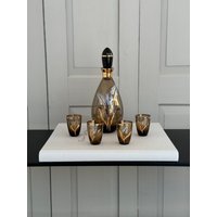Boho Living/Vintage Glaskaraffe + 4 Gläser Handbemalt Pampasgras Motiv Braunglas Goldrand Geschliffener Stopfen Original Bohemia von SOSOSCHOEN