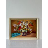 Gemälde Auf Leinwand Blumenstrauß Acryl/Öl/1975 Motiv Blumen Signiert Holzrahmen Gold Acryl Painting Handpainted Flower von SOSOSCHOEN
