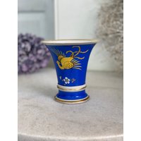 Vase Porzellanvase Schierholz Plaue I Blaues Dekor Mit Gelbem Vogel Kleine Trichtervase Goldrand von SOSOSCHOEN