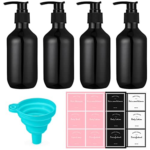 SOSPIRO 4 Stück Nachfüllbare Leere Shampooflaschen, 300 ml Seifenspender Flaschen für Flüssigseife Shampoo Conditioner Duschgel Kunststoffpresse Spender(Schwarz) von SOSPIRO