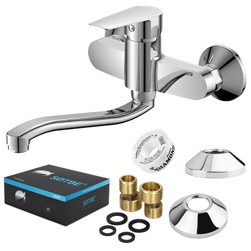 SOTBE Wasserhahn Küche Massiv Messing 1500g - Küchenarmatur Wandmontage Chrom - Mischbatterie mit Keramikkartusche - Wassersparende Spülbecken Armatur Küche - 25 cm Auslauf 360° Drehbar - Komplettset von SOTBE