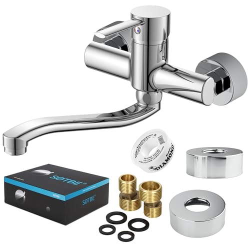 SOTBE Wasserhahn Küche Massiv Messing 1300g - Küchenarmatur Wandmontage Chrom - Mischbatterie mit Keramikkartusche - Wassersparende Spülbecken Armatur Küche - 30 cm Auslauf 360° Drehbar - Komplettset von SOTBE