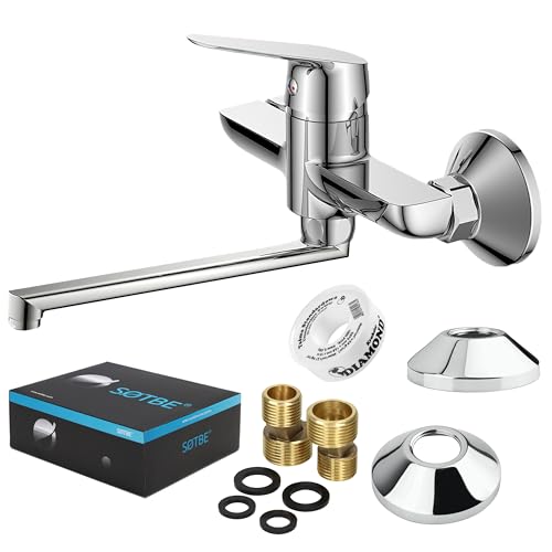 SOTBE Wasserhahn Küche Massiv Messing 1500g - Küchenarmatur Wandmontage Chrom - Mischbatterie mit Keramikkartusche - Wassersparende Spülbecken Armatur Küche - 35 cm Auslauf 360° Drehbar - Komplettset von SOTBE