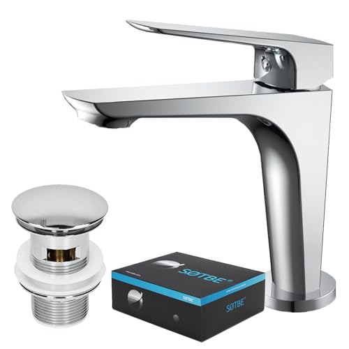 SOTBE Wasserhahn Bad Massiv Messing 1000 g - Waschtischarmatur Bad mit Ablaufgarnitur Chrom - Waschtisch Armatur Badezimmer - Wassersparende Mischbatterie Waschbecken - Auslauf 360° Drehbar von SOTBE