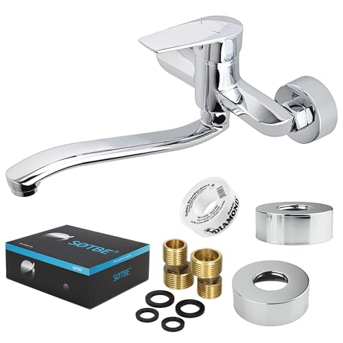 SOTBE Wasserhahn Küche Massiv Messing 1300g - Küchenarmatur Wandmontage Chrom - Mischbatterie mit Keramikkartusche - Wassersparende Spülbecken Armatur Küche - 30 cm Auslauf 360° Drehbar - Komplettset SOTBE Wasserhahn Küche Massiv Messing 1300g - Küchenarmatur Wandmontage Chrom - Mischbatterie mit Keramikkartusche - Wassersparende Spülbecken Armatur Küche - 30 cm Auslauf 360° Drehbar - Komplettset von SOTBE