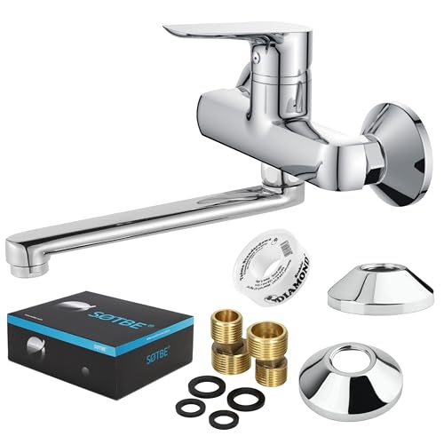 SOTBE Wasserhahn Küche Massiv Messing 1500g - Küchenarmatur Wandmontage Chrom - Mischbatterie mit Keramikkartusche - Wassersparende Spülbecken Armatur Küche - 25 cm Auslauf 360° Drehbar - Komplettset SOTBE Wasserhahn Küche Massiv Messing 1500g - Küchenarmatur Wandmontage Chrom - Mischbatterie mit Keramikkartusche - Wassersparende Spülbecken Armatur Küche - 25 cm Auslauf 360° Drehbar - Komplettset von SOTBE